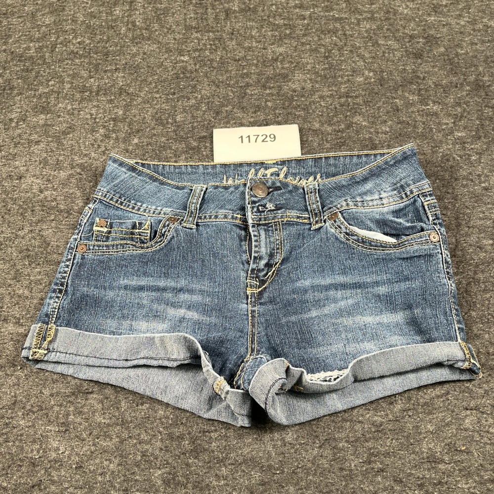 Wall Flower Rolled Hem Shorts Womens 5 Blue Denim Ramie Stretch Whiskers Detail